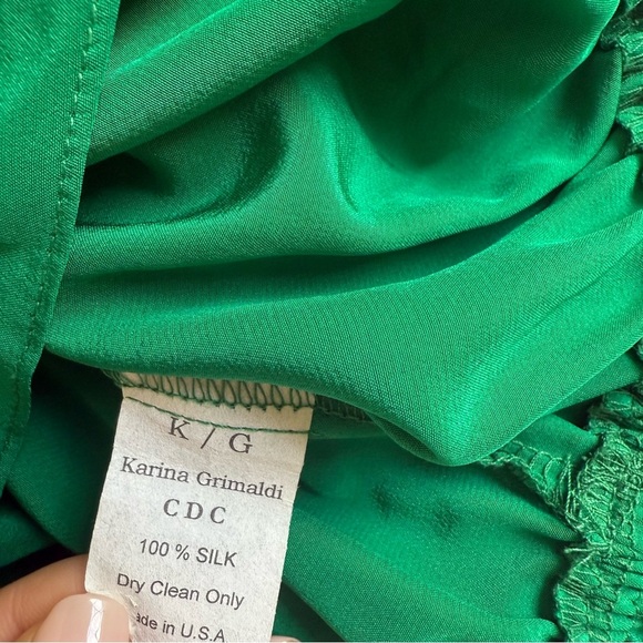 KARINA GRIMALDI 100% Silk Peacock Feather Tube Top Green Ruffle Boho Resort L - Picture 10 of 10